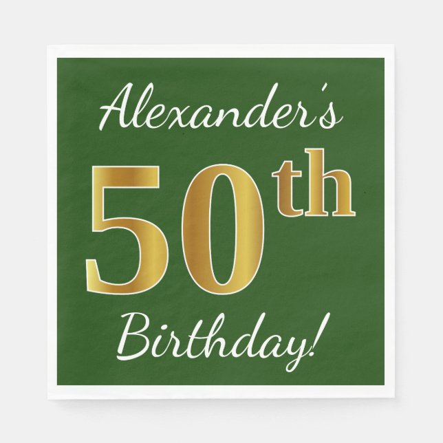 Servilleta De Papel Green, Faux Gold 50th Birthday + Custom Name (Anverso)