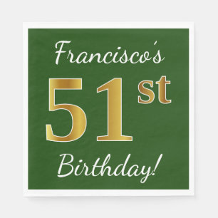 Servilleta De Papel Green, Faux Gold 51st Birthday + Custom Name