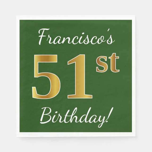 Servilleta De Papel Green, Faux Gold 51st Birthday + Custom Name (Anverso)