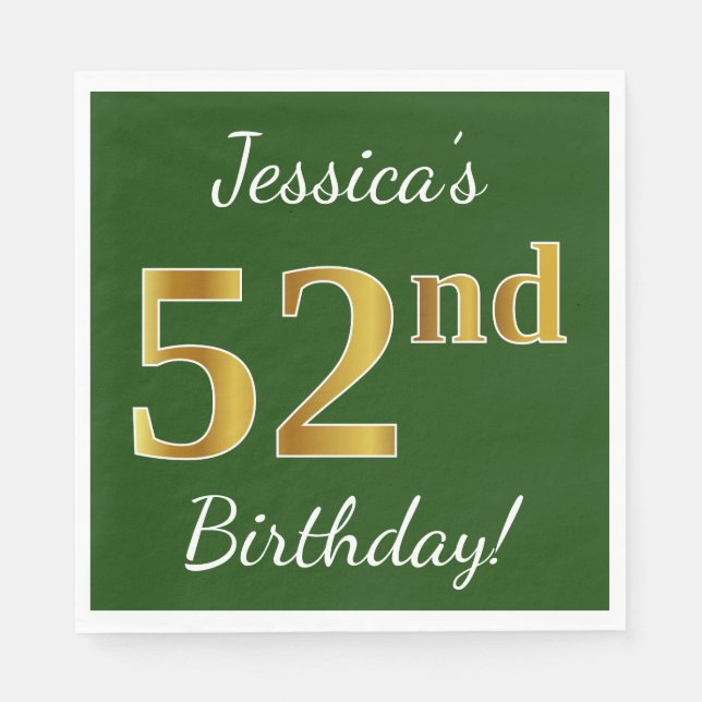 Servilleta De Papel Green, Faux Gold 52nd Birthday + Custom Name (Anverso)