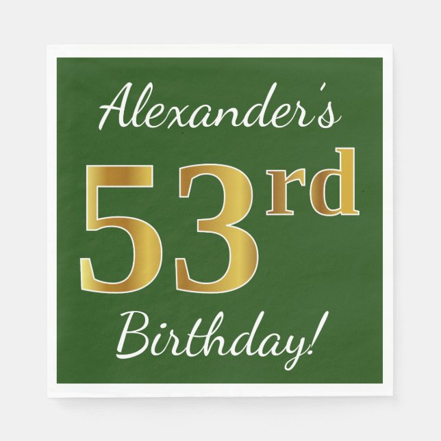 Servilleta De Papel Green, Faux Gold 53rd Birthday + Custom Name (Anverso)