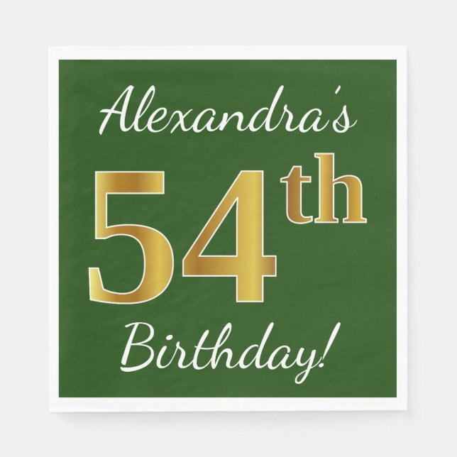Servilleta De Papel Green, Faux Gold 54th Birthday + Custom Name (Anverso)