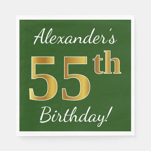 Servilleta De Papel Green, Faux Gold 55th Birthday + Custom Name (Anverso)