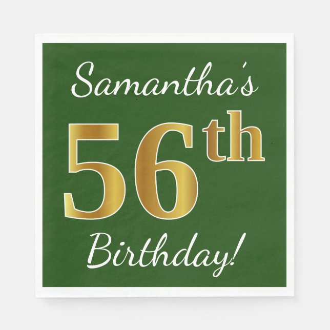 Servilleta De Papel Green, Faux Gold 56th Birthday + Custom Name (Anverso)