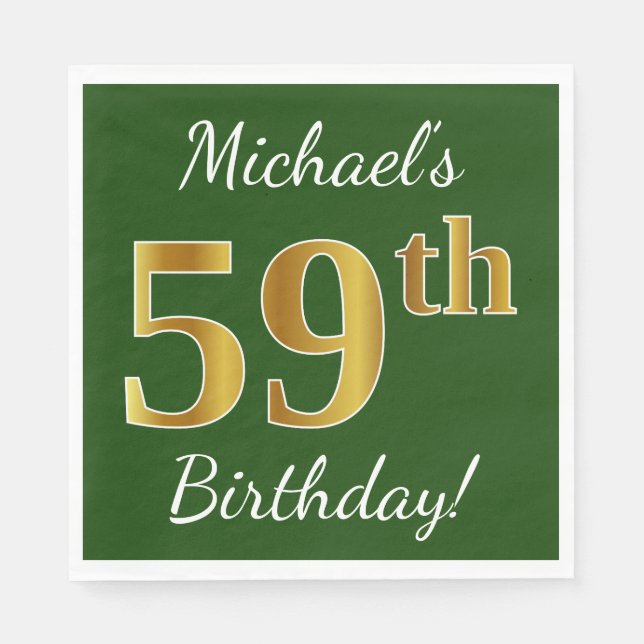Servilleta De Papel Green, Faux Gold 59th Birthday + Custom Name (Anverso)