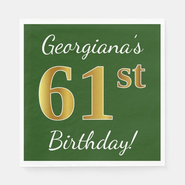 Servilleta De Papel Green, Faux Gold 61st Birthday + Custom Name (Anverso)