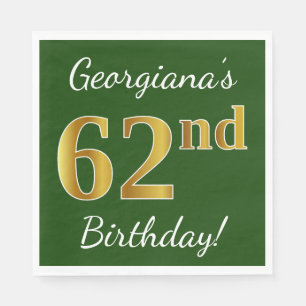 Servilleta De Papel Green, Faux Gold 62nd Birthday + Custom Name