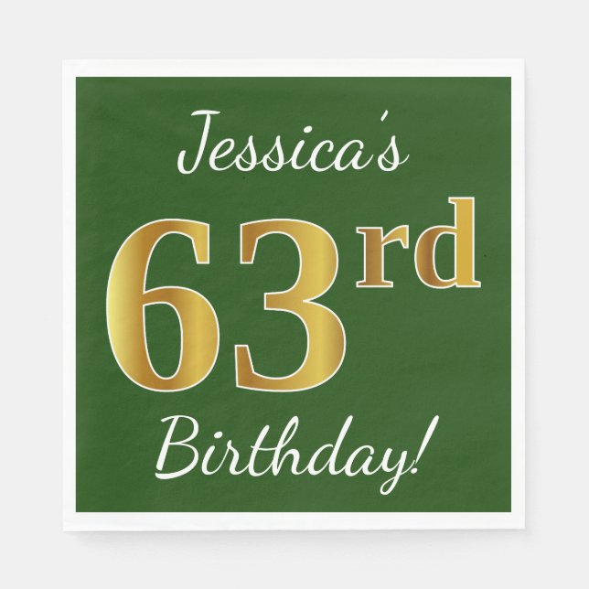 Servilleta De Papel Green, Faux Gold 63rd Birthday + Custom Name (Anverso)