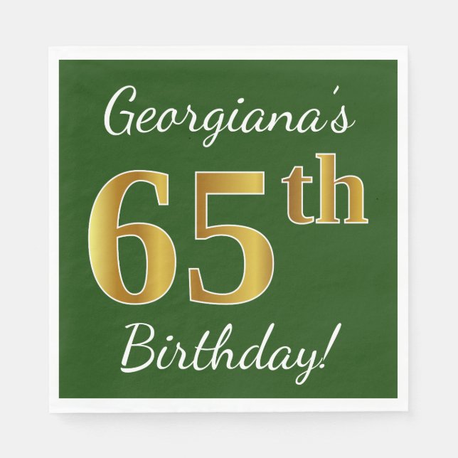 Servilleta De Papel Green, Faux Gold 65th Birthday + Custom Name (Anverso)