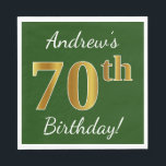 Servilleta De Papel Green, Faux Gold 70th Birthday   Custom Name<br><div class="desc">Este sencillo diseño de servilletas de papel muestra un mensaje como "¡70 cumpleaños de Andrew!", con el "70" en apariencia de falso oro, en un fondo de color verde. El nombre se puede personalizar. Se podría usar en una fiesta de cumpleaños para alguien que esté celebrando su septuagésimo cumpleaños. [~Z0000081]...</div>