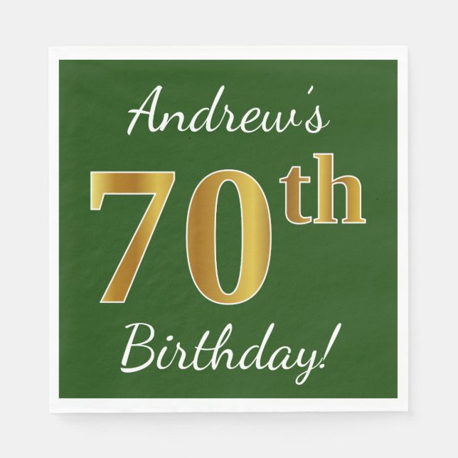 Servilleta De Papel Green, Faux Gold 70th Birthday + Custom Name (Anverso)