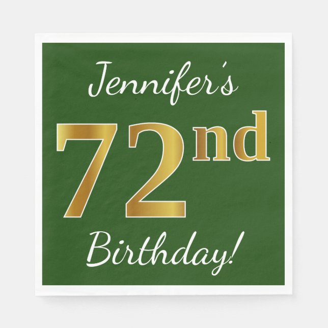 Servilleta De Papel Green, Faux Gold 72nd Birthday + Custom Name (Anverso)