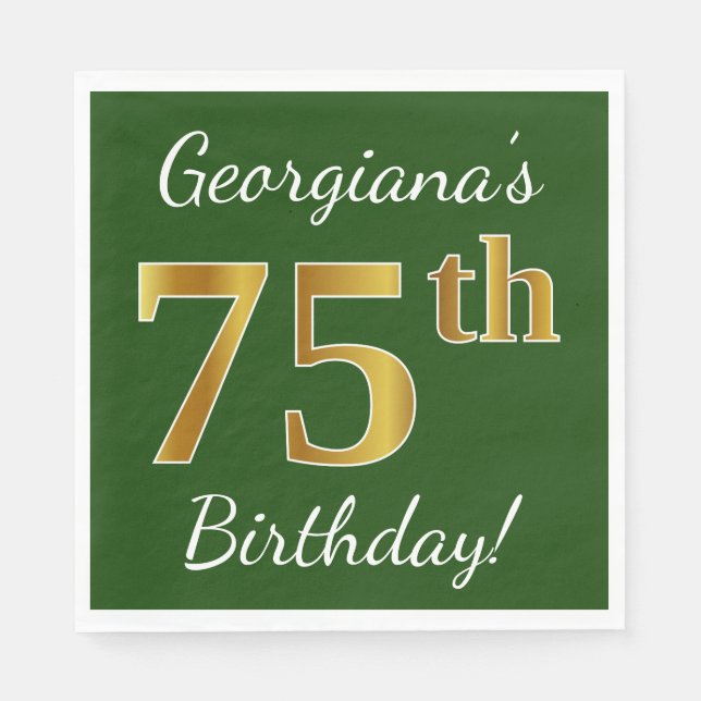 Servilleta De Papel Green, Faux Gold 75th Birthday + Custom Name (Anverso)