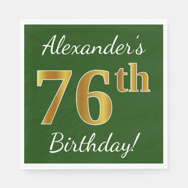 Servilleta De Papel Green, Faux Gold 76th Birthday + Custom Name (Anverso)