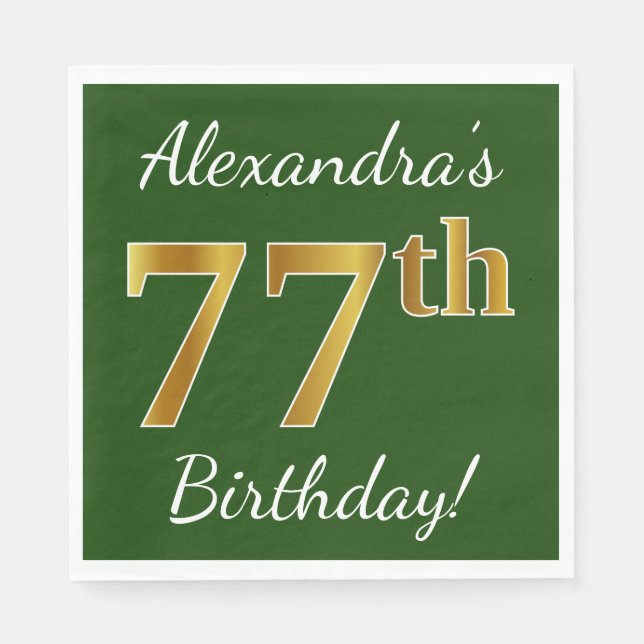 Servilleta De Papel Green, Faux Gold 77th Birthday + Custom Name (Anverso)