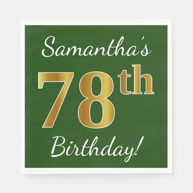 Servilleta De Papel Green, Faux Gold 78th Birthday + Custom Name (Anverso)