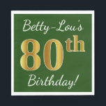 Servilleta De Papel Green, Faux Gold 80th Birthday   Custom Name<br><div class="desc">Este sencillo diseño de servilletas de papel muestra un mensaje como "¡Cumpleaños 80 de Betty-Lou!", con el "80" en un falso aspecto dorado, en un fondo verde de color. El nombre se puede personalizar. Se podría usar en una fiesta de cumpleaños para alguien que esté celebrando su ochenta cumpleaños. [~Z0000081]...</div>