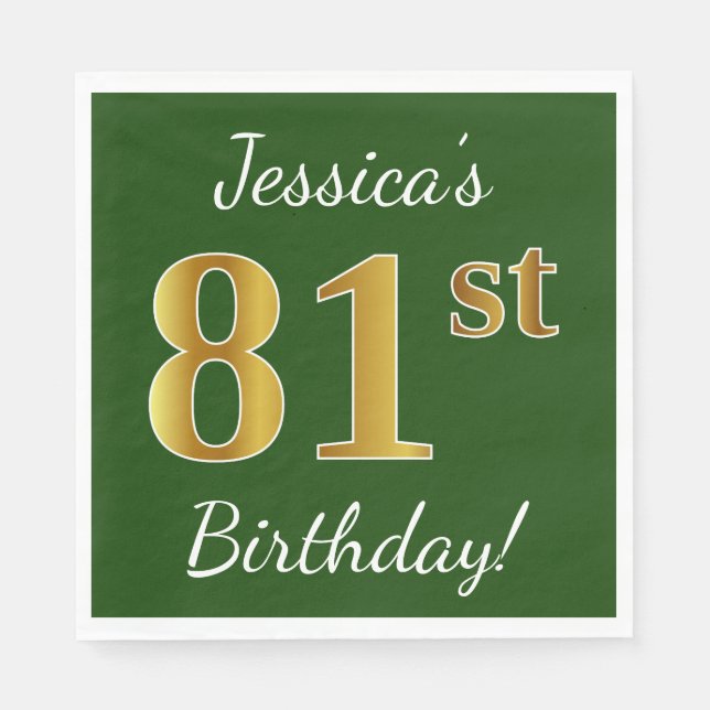 Servilleta De Papel Green, Faux Gold 81st Birthday + Custom Name (Anverso)