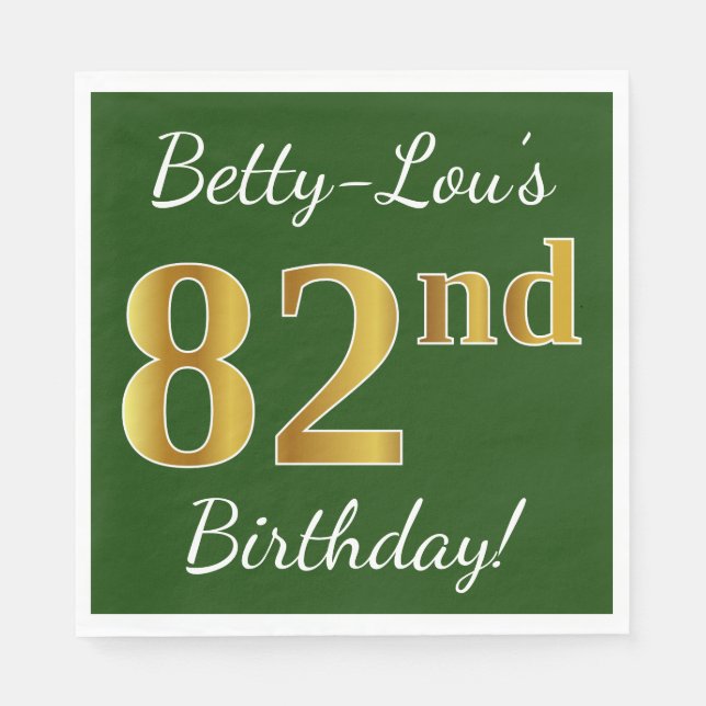 Servilleta De Papel Green, Faux Gold 82nd Birthday + Nombre personaliz (Anverso)