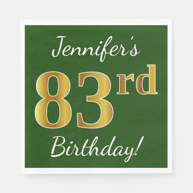Servilleta De Papel Green, Faux Gold 83rd Birthday + Custom Name (Anverso)