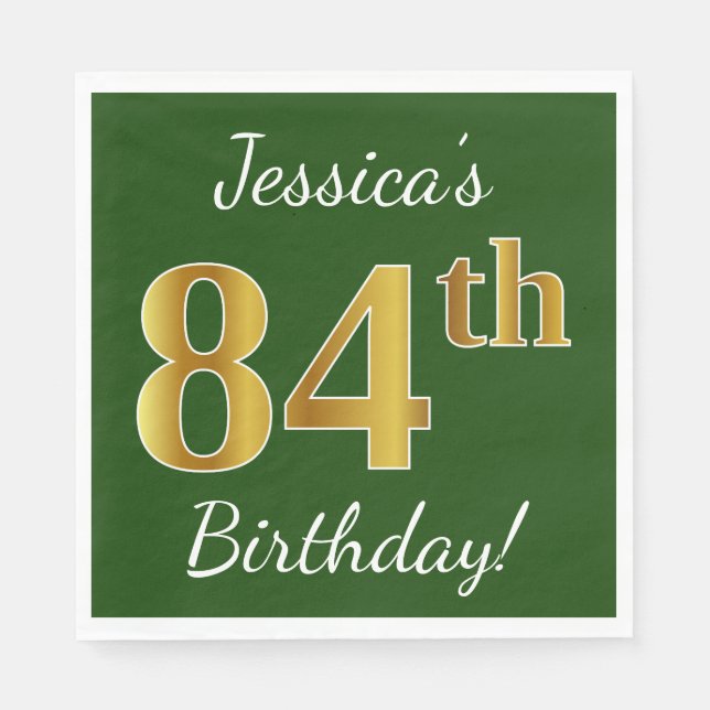Servilleta De Papel Green, Faux Gold 84th Birthday + Custom Name (Anverso)
