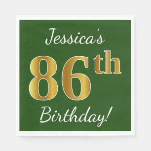 Servilleta De Papel Green, Faux Gold 86th Birthday + Custom Name