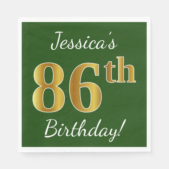 Servilleta De Papel Green, Faux Gold 86th Birthday + Custom Name (Anverso)
