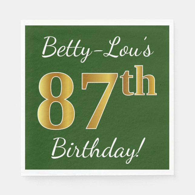 Servilleta De Papel Green, Faux Gold 87th Birthday + Custom Name (Anverso)