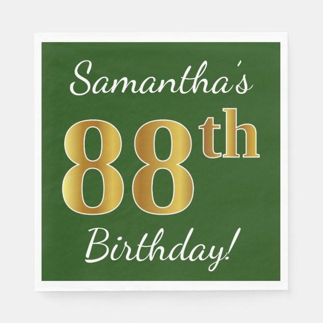 Servilleta De Papel Green, Faux Gold 88th Birthday + Custom Name (Anverso)