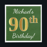 Servilleta De Papel Green, Faux Gold 90th Birthday   Custom Name<br><div class="desc">Este sencillo diseño de servilletas de papel muestra un mensaje como "¡Cumpleaños 90 de Michael!", con el "90" en un falso aspecto dorado, en un fondo verde de color. El nombre se puede personalizar. Se podría usar en una fiesta de cumpleaños para alguien que esté celebrando su cumpleaños número noventa....</div>