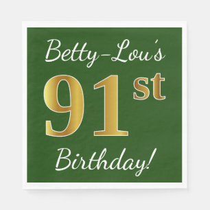 Servilleta De Papel Green, Faux Gold 91st Birthday + Custom Name