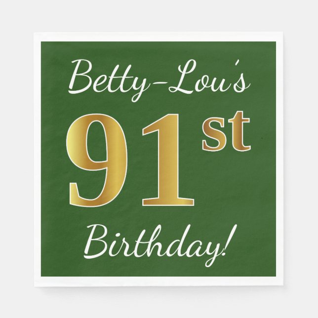 Servilleta De Papel Green, Faux Gold 91st Birthday + Custom Name (Anverso)
