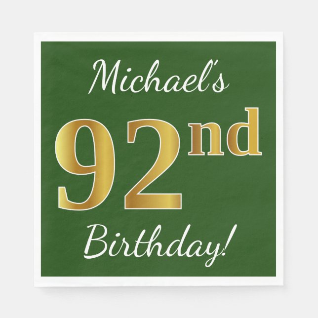 Servilleta De Papel Green, Faux Gold 92nd Birthday + Custom Name (Anverso)