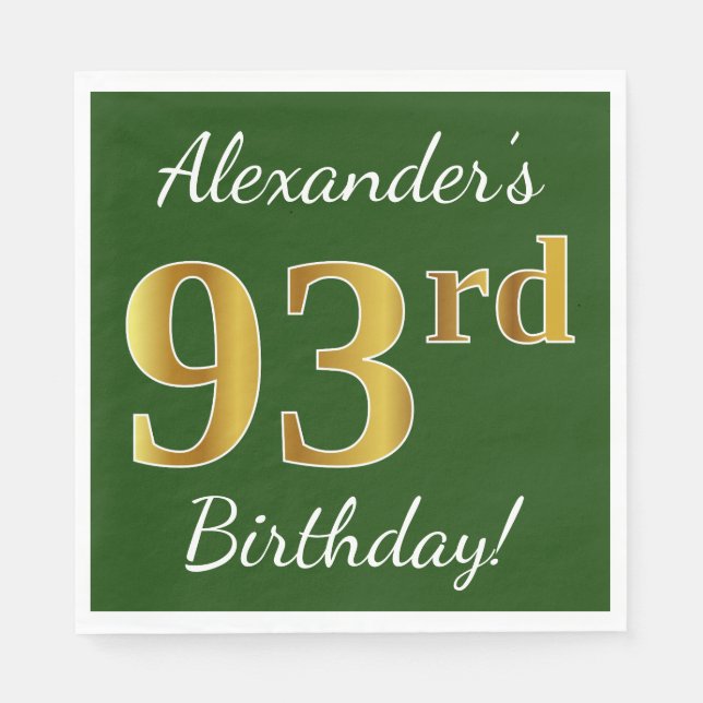 Servilleta De Papel Green, Faux Gold 93rd Birthday + Custom Name (Anverso)