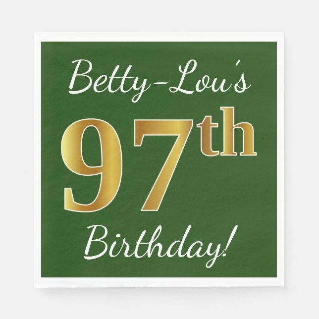Servilleta De Papel Green, Faux Gold 97th Birthday + Custom Name (Anverso)