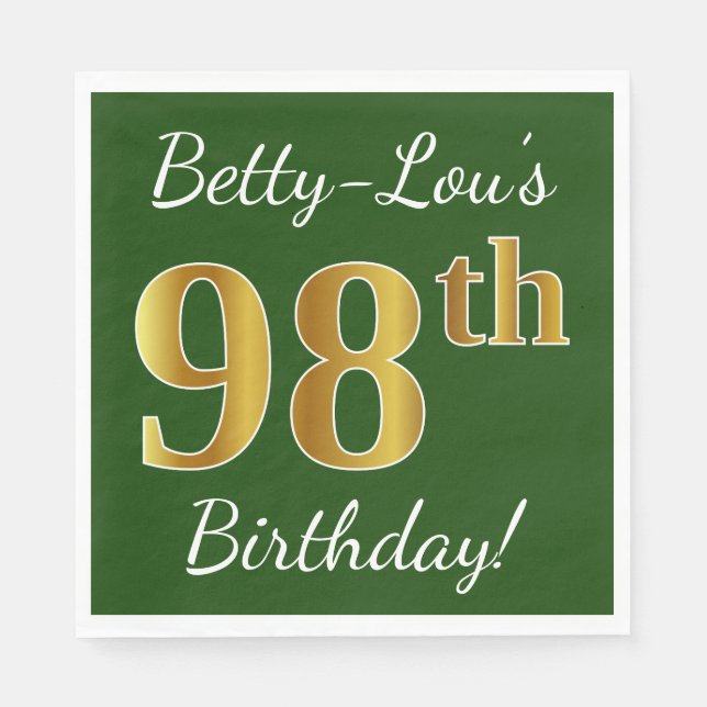 Servilleta De Papel Green, Faux Gold 98th Birthday + Custom Name (Anverso)