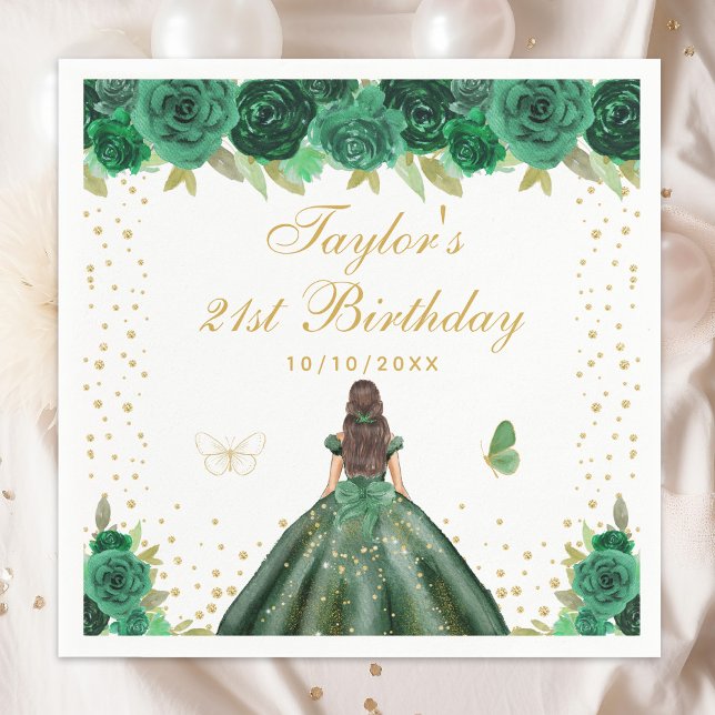 Servilleta De Papel Green Floral Brunette Hair Princess Birthday Party (Subido por el creador)