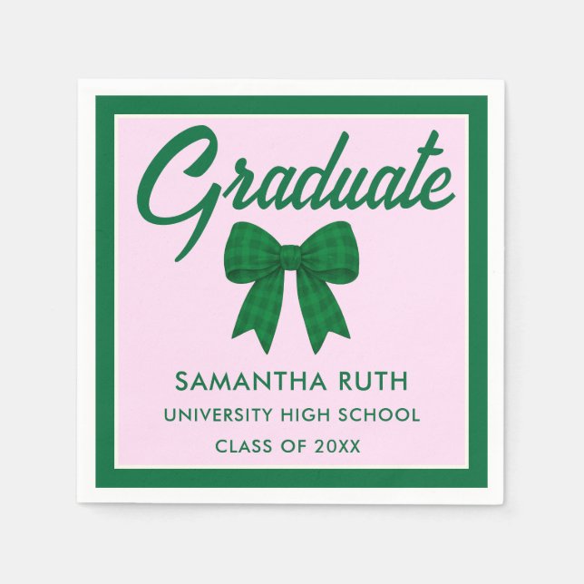 Servilleta De Papel Green Gingham Bow Graduation Party (Anverso)