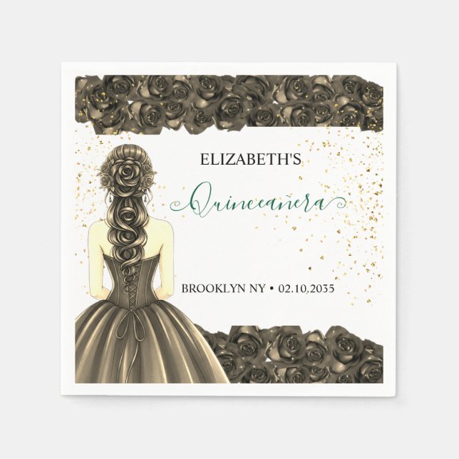 Servilleta De Papel Green & Gold Quinceañera Custom Party Napkins (Anverso)