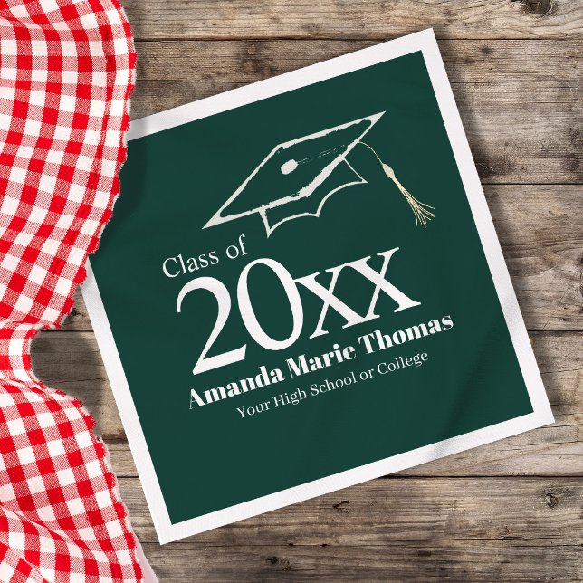 Servilleta De Papel Green Graduation Script Name Class Year Design (Green graduation napkin styled with coffee cup, custom name and class year design)