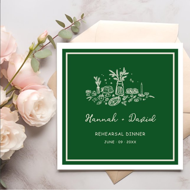 Servilleta De Papel  Green Hand Drawn Modern Rehearsal Dinner Wedding (Subido por el creador)
