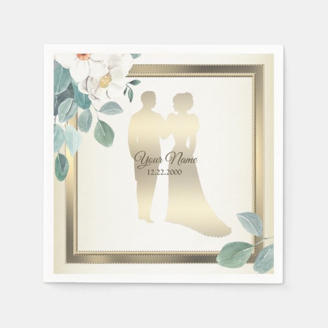Servilleta De Papel Green Leaves Flower Golden Frame Wedding Party (Anverso)