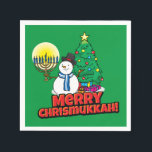 Servilleta De Papel Green Merry Chrismukkah con Snowman y Menorah<br><div class="desc">Añada nuestros diseños divertidos,  Snowman,  Menorah y de árboles de Navidad con un fondo verde a su fiesta Chrismukkah este año.</div>