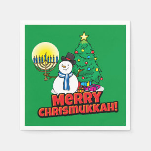 Servilleta De Papel Green Merry Chrismukkah con Snowman y Menorah
