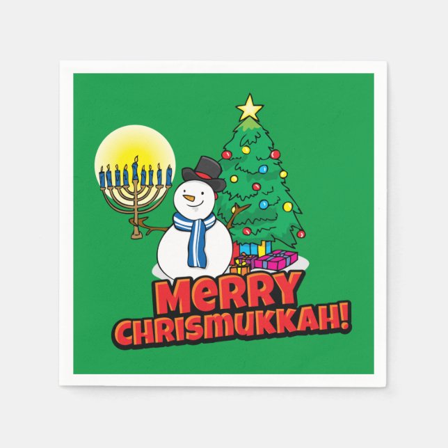 Servilleta De Papel Green Merry Chrismukkah con Snowman y Menorah (Anverso)