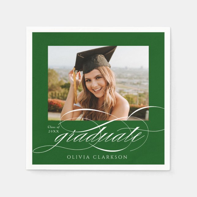 Servilleta De Papel Green Modern Elegant Script Photo Graduation Party (Anverso)