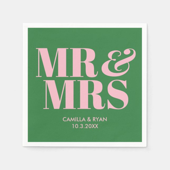 Servilleta De Papel Green Mr & Mrs Boda Personalizado Napkins (Anverso)