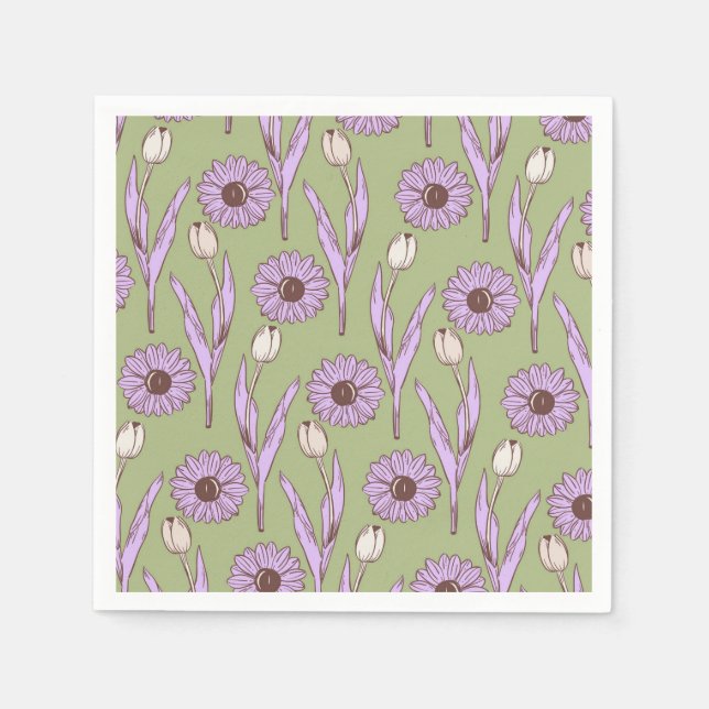 Servilleta De Papel Green Purple Retro Y2K Funky Hippie Flower Pattern (Anverso)