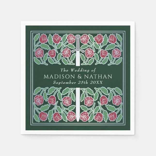 Servilleta De Papel Green Royal Medieval Silver Floral Sword Wedding (Anverso)