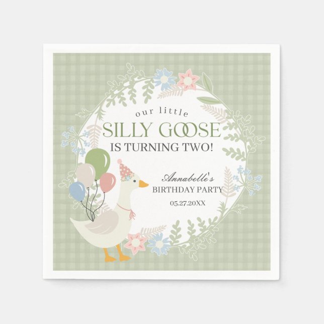 Servilleta De Papel Green Silly Goose Floral Gingham Birthday (Anverso)